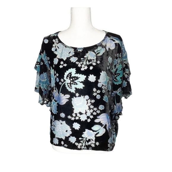 W5 Black Blue Sheer Velvet Floral Flutter Sleeve Top Small - Picture 1 of 6